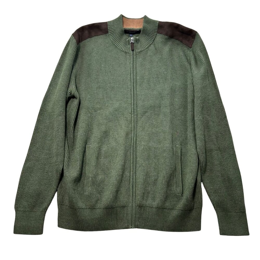 Roundtree & Yorke Sz L Green Full-Zip Ribbed Sweater With Suede Shoulder Patches